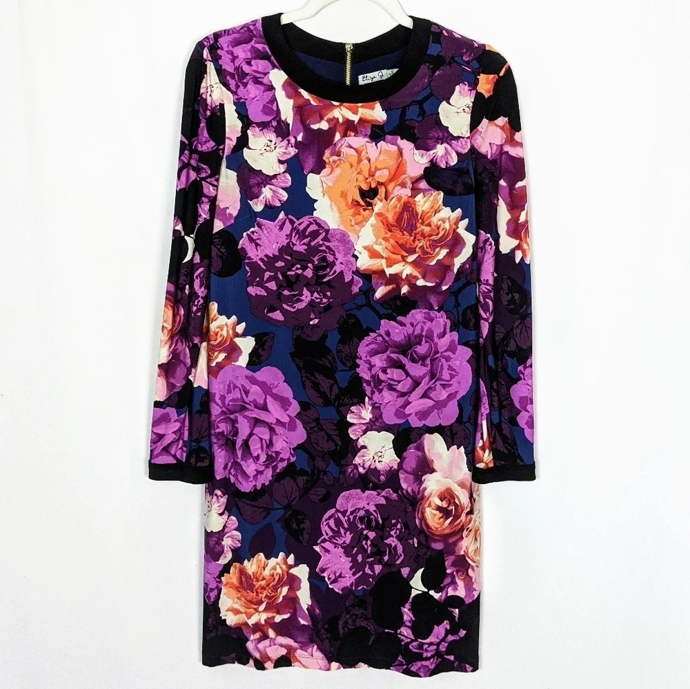 ELIZA J  Rose Floral Long Sleeve Jersey Energize Sheath Dress Knee Length sz.10